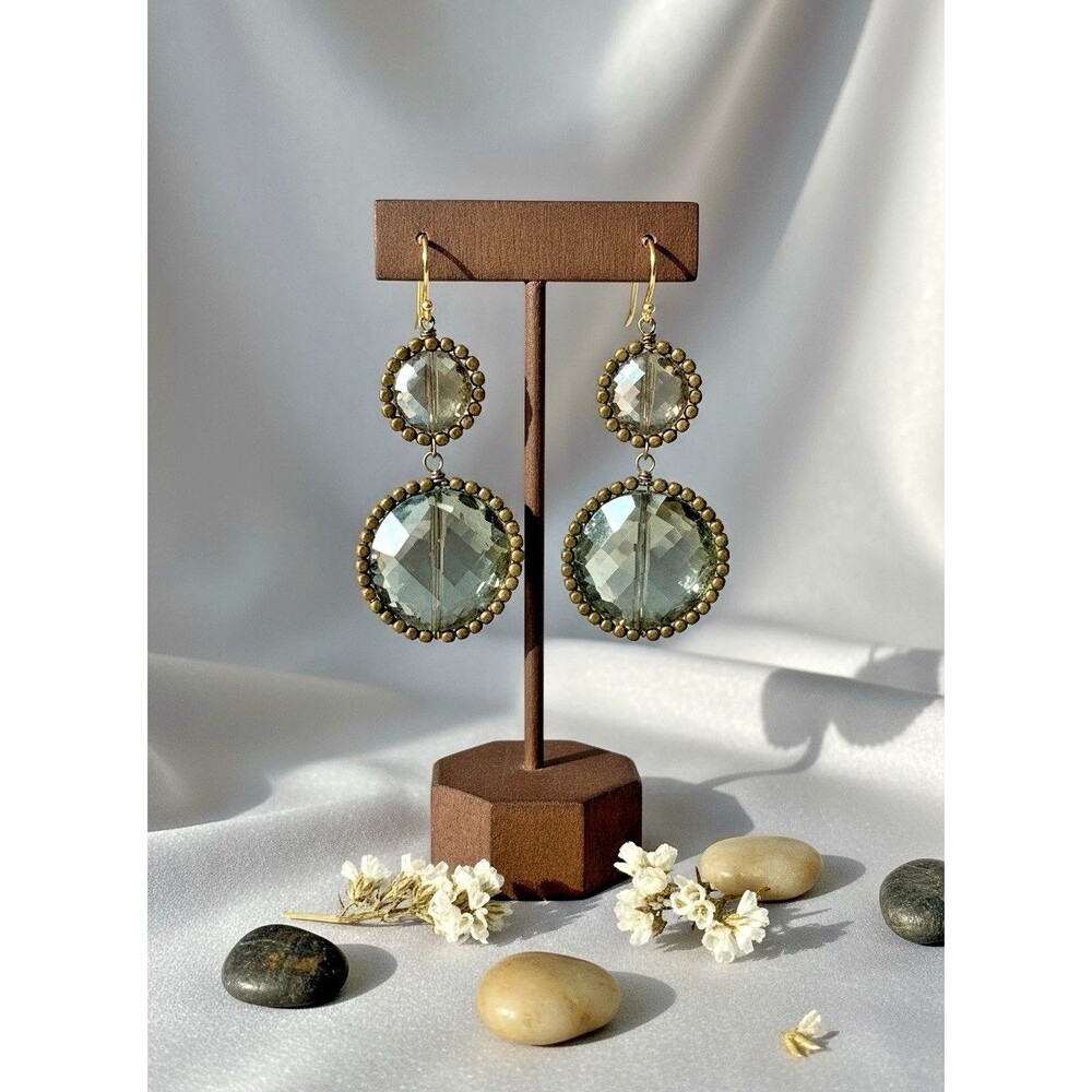 Vintage Dangle Earrings 1.75 Inch Antique Brass Bezel Double Drop